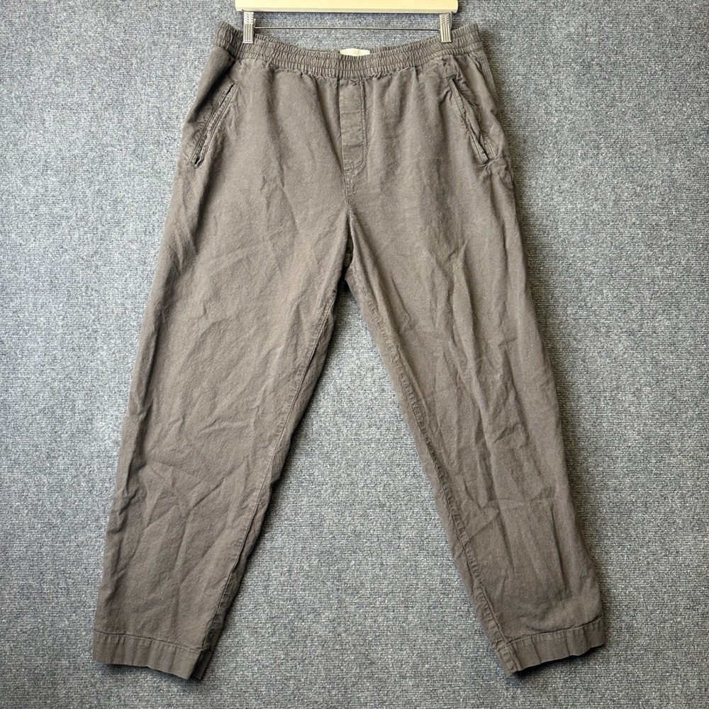 Folk Linen Cotton Trousers Mens Large Brown Elastic Waist Tapered Casual Pants